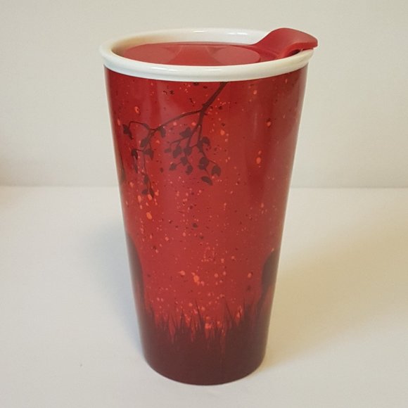 Tim Hortons 2017 Travel Mug Lidded Tumbler Deer Elk Trees Winter Holiday Red - Picture 8 of 16